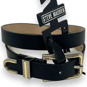 NEW Steve Madden Belt Small Black Faux Leather Belt Western Goth Silver Gold